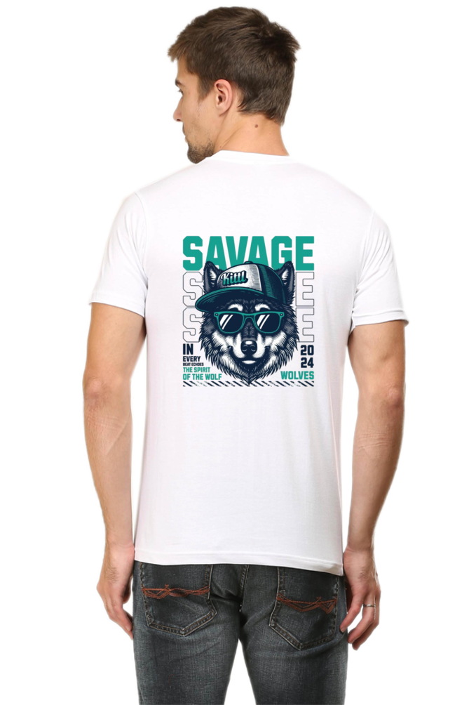 Savage wolves white cotton tshirt for men back