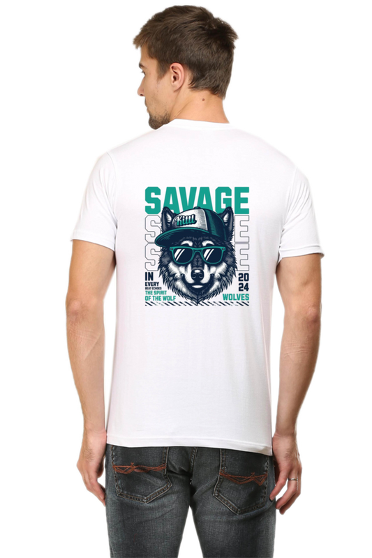 Savage wolves white cotton tshirt for men back