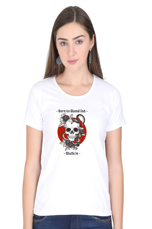 Bron to stand out skull white cotton female tshirt front