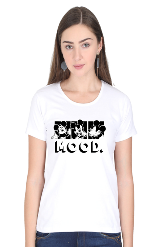 Mickey mouse mood white roundneck cotton tshirt for women front