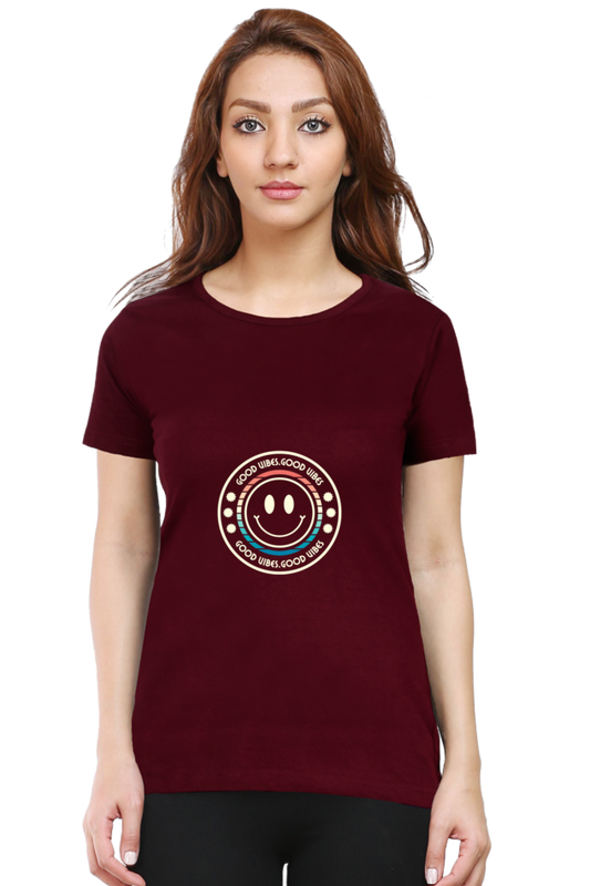 Good vibe female maroon cotton tshirt front